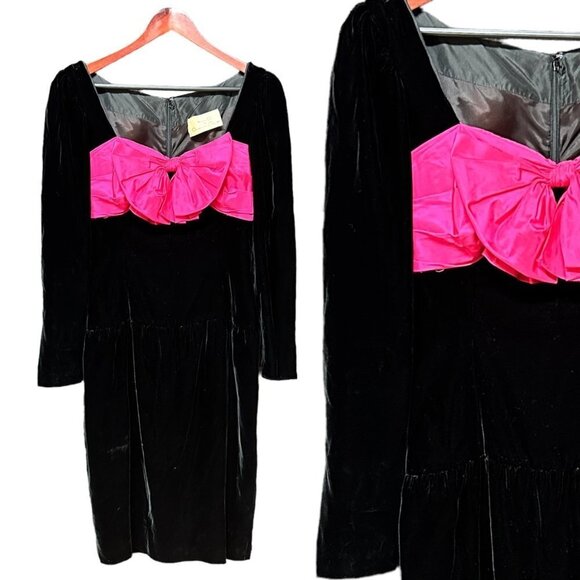 Oscar De La Renta Womens Vintage Taffeta Dress Small Black Velvet Long Sleeve
